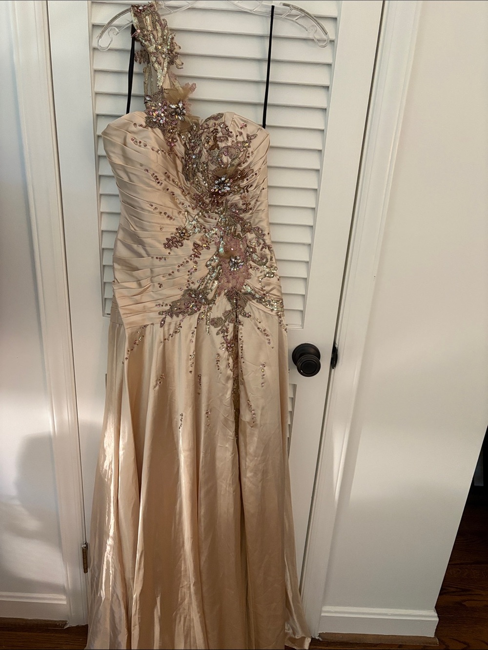 Camille La Vie Champagne One-Shoulder Embellished Gown